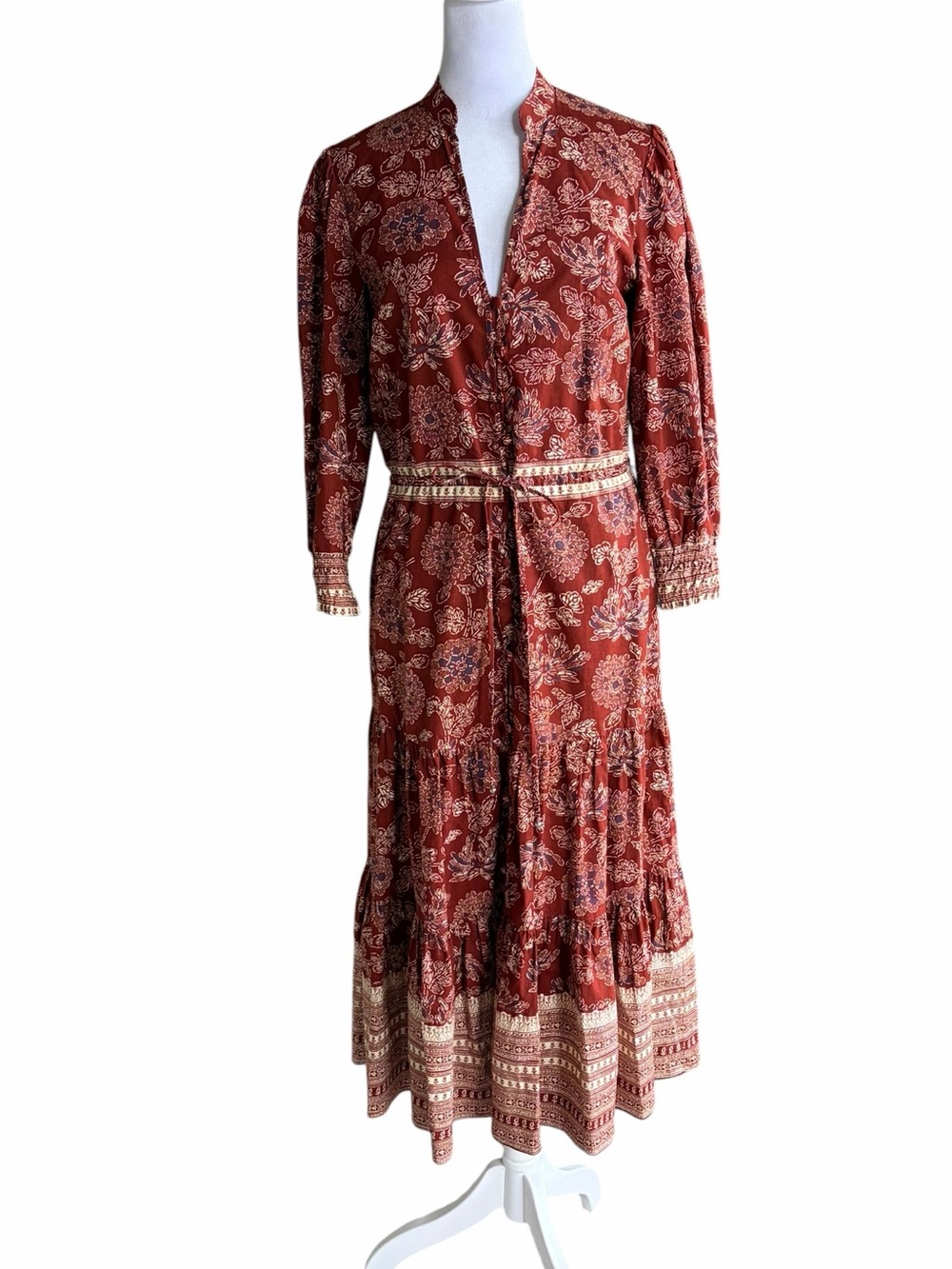 Veronica Beard Swedie Printed Midi Dress Rust Floral Tiered Midi Dress - Picture 4 of 10